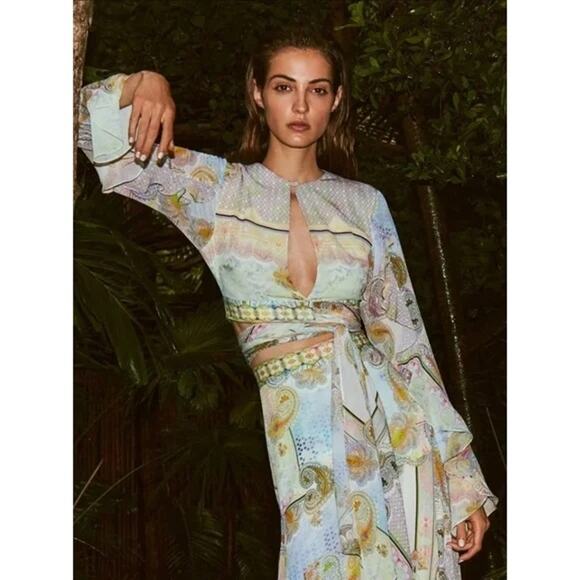 NWT Alexis Ferra Chiffon Long Sleeve Tie Waist Ruffle Crop Top Rococco Size: XS - Picture 1 of 8